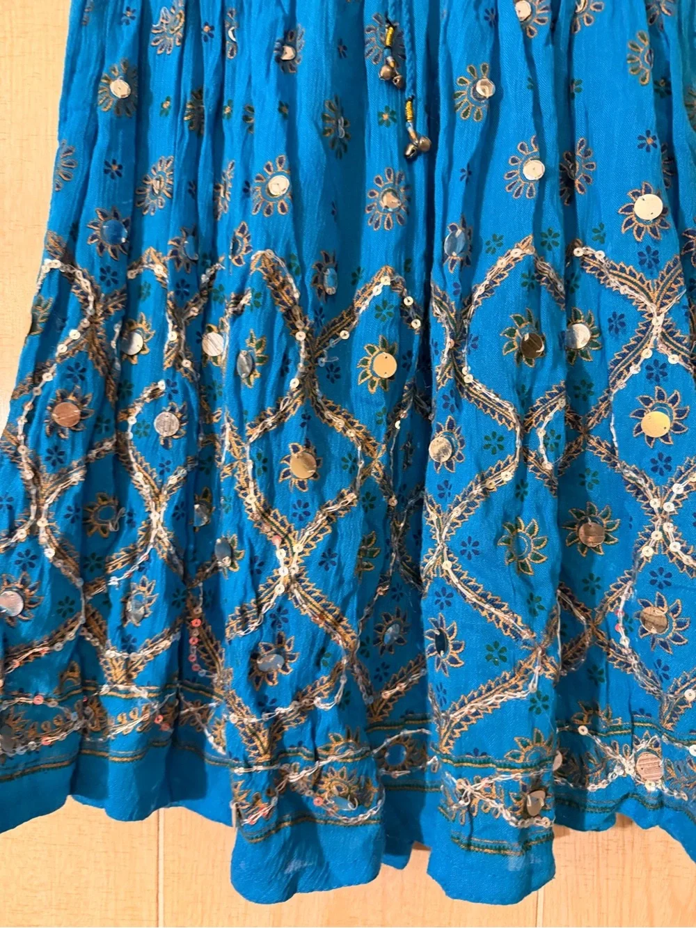 Boho Blue Embroidered Mirror Skater Skirt